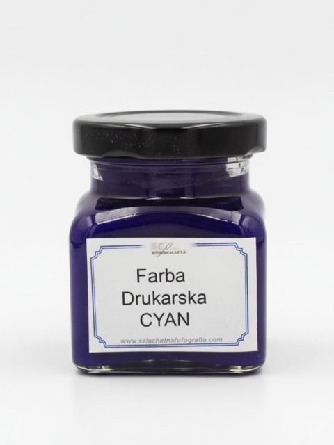 Glass jar with a black screw cap and label, containing 100 g of cyan printmaking ink on a white background.