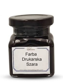 Glass jar with a black lid and label reading "Farba Drukarska Szara" on a white background – warm grey printmaking ink 100 g