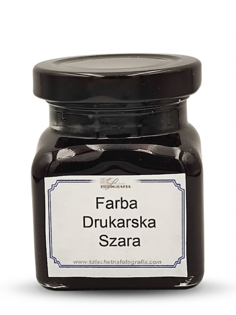 Glass jar with a black lid and label reading "Farba Drukarska Szara" on a white background – warm grey printmaking ink 100 g
